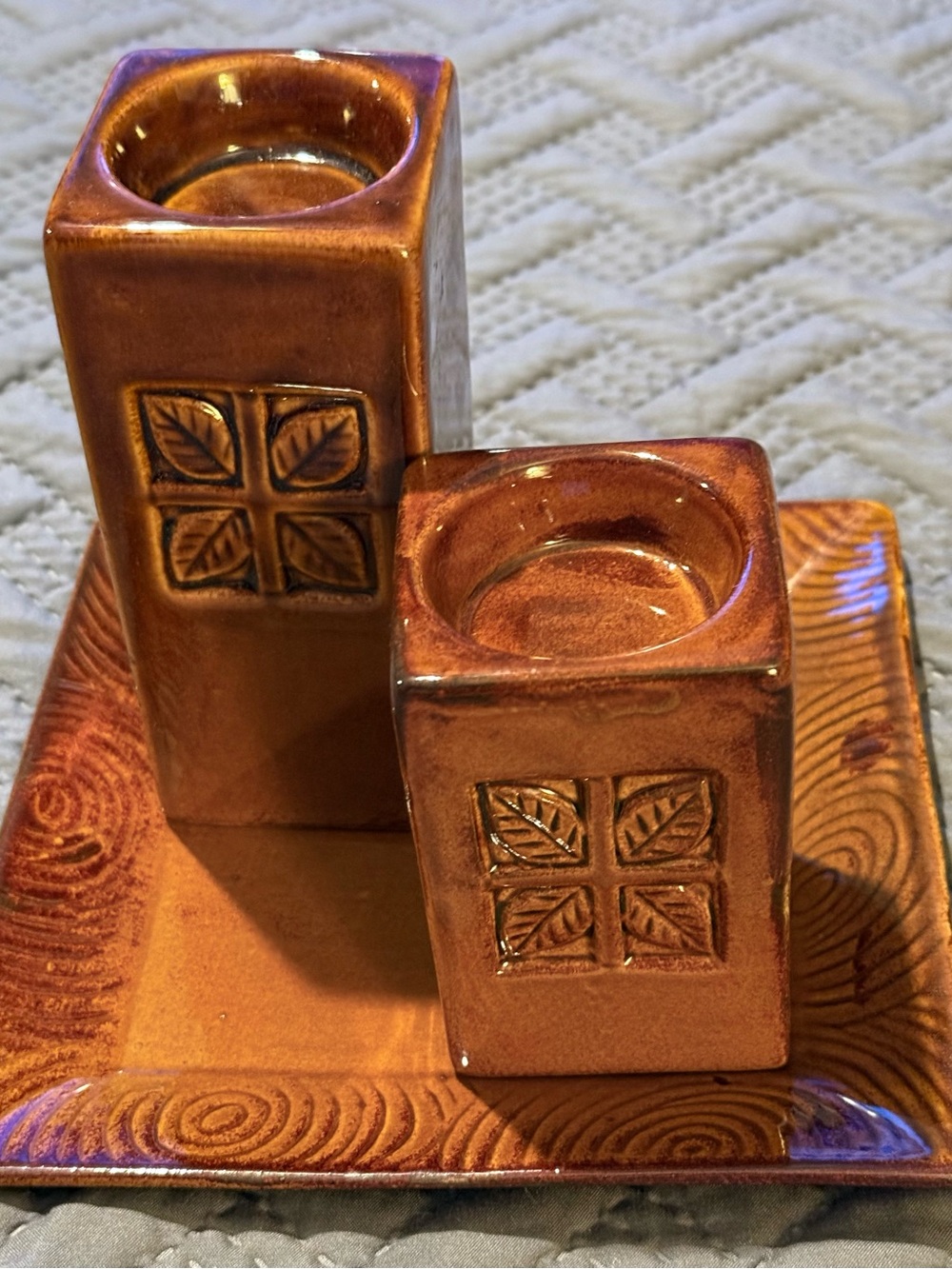 Brown Glazed Ceramic Pillar Candle Holder Set with Tray